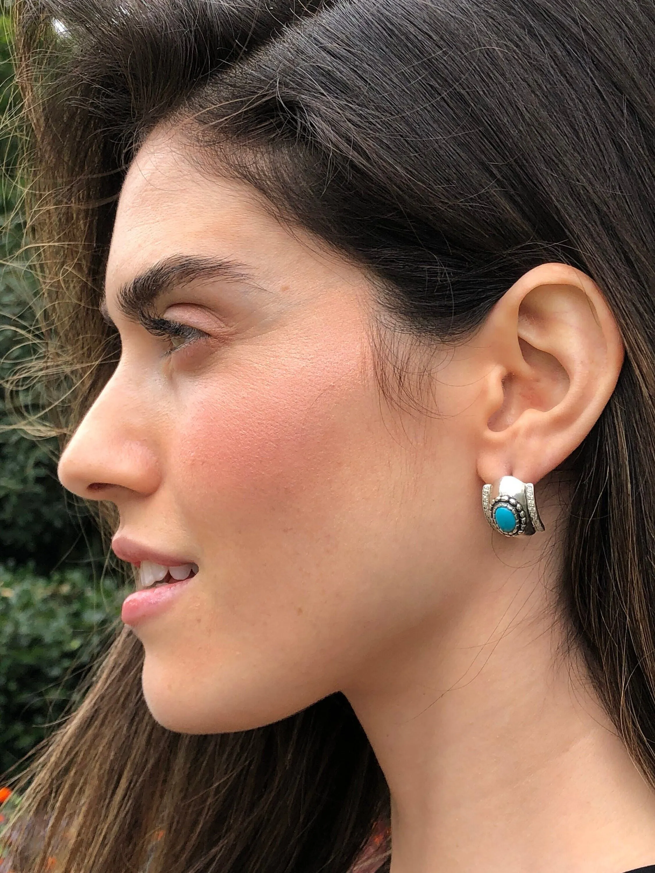 Chunky Turquoise Earrings - Genuine Turquoise Earrings - Turquoise Silver Hoops