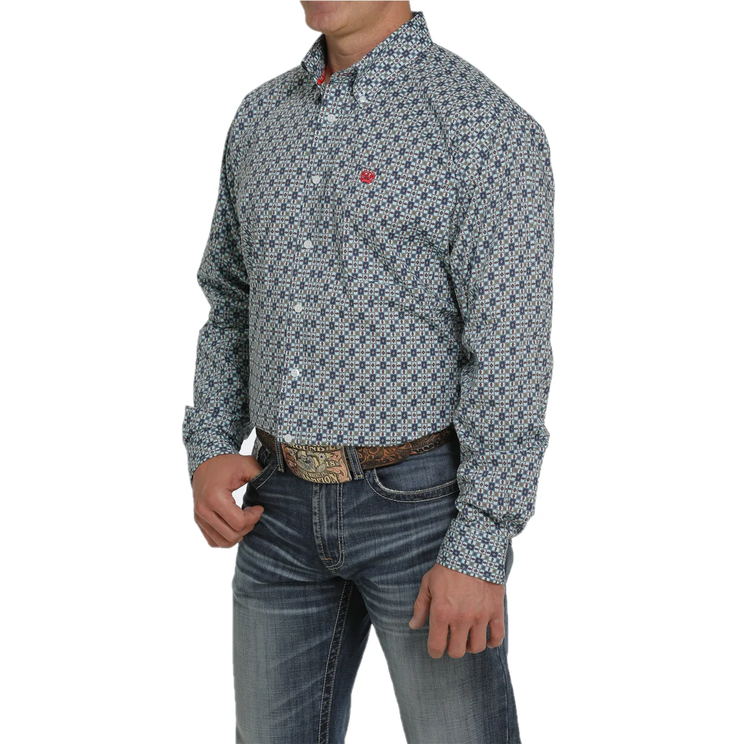 Cinch® Men's Light Blue Geometric Printed Button Down Shirt MTW1105434