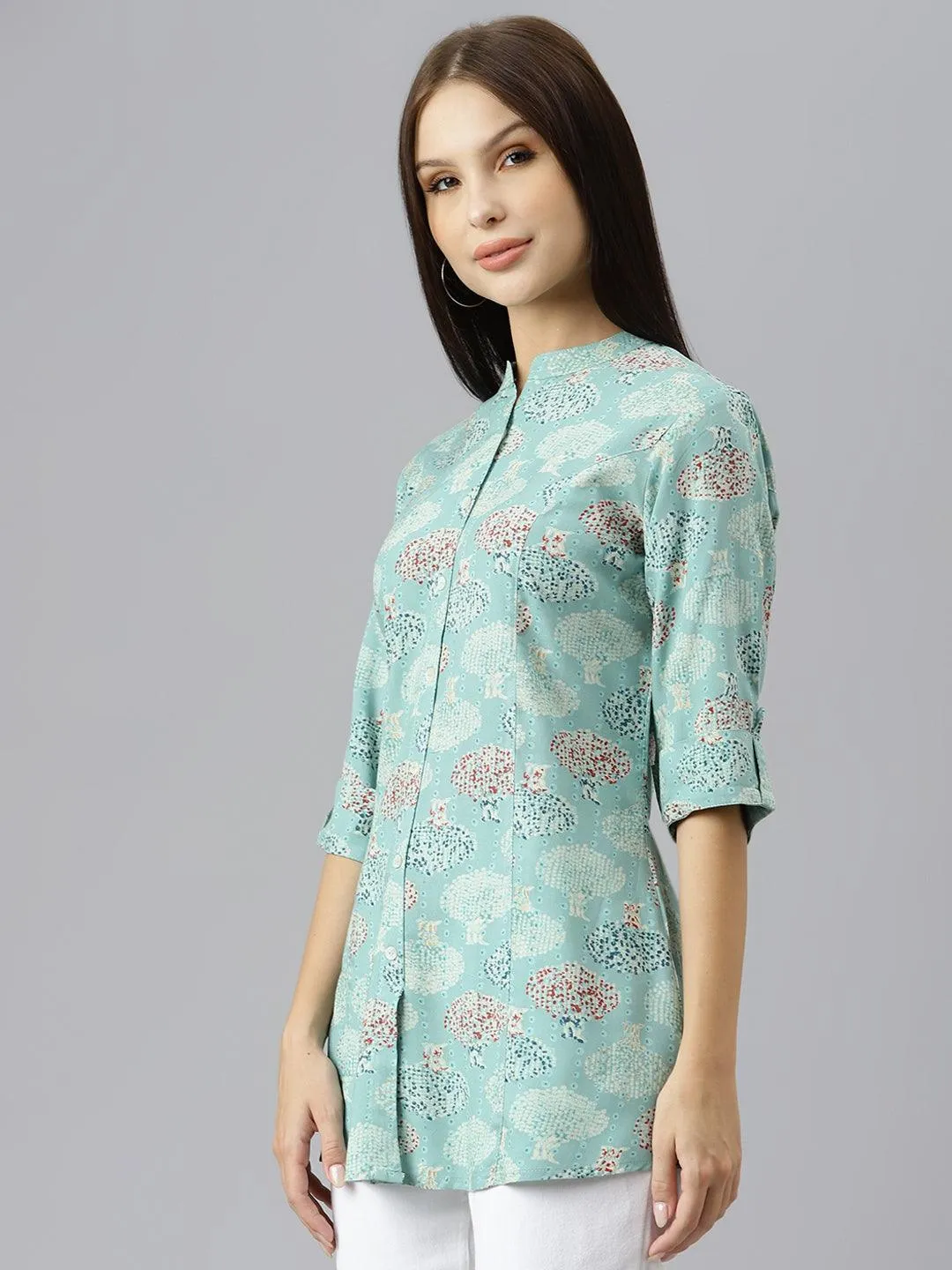 Divena Sea Green Floral Rayon A-line Shirts Style Top