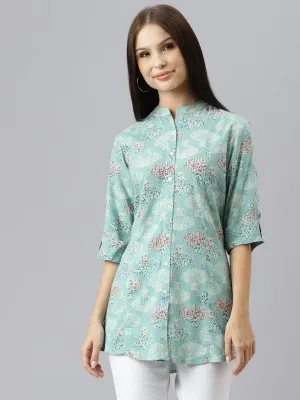 Divena Sea Green Floral Rayon A-line Shirts Style Top