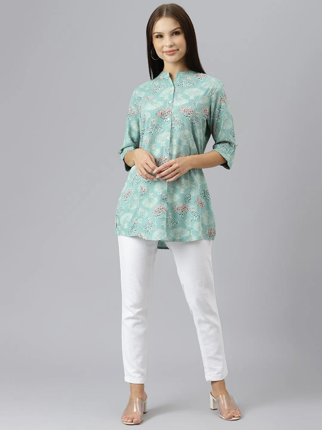 Divena Sea Green Floral Rayon A-line Shirts Style Top