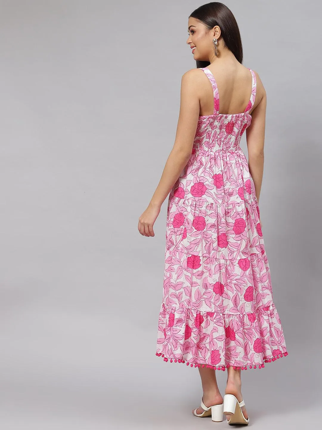 Divena white & Pink Floral Shoulder Strip Long Dress