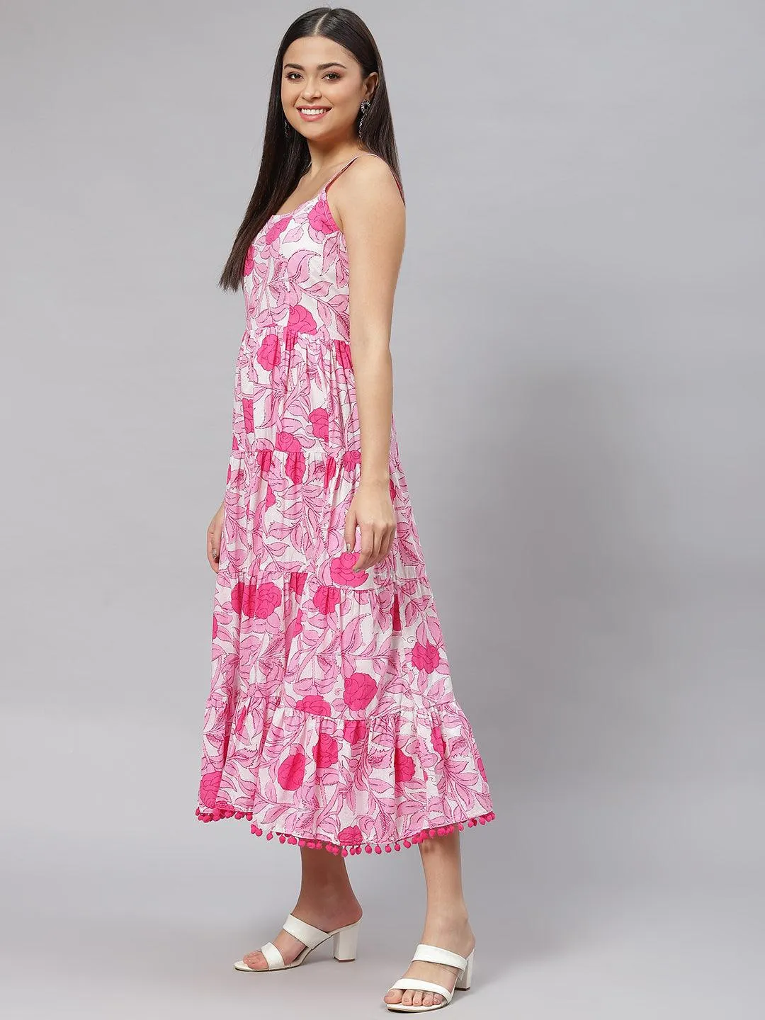 Divena white & Pink Floral Shoulder Strip Long Dress
