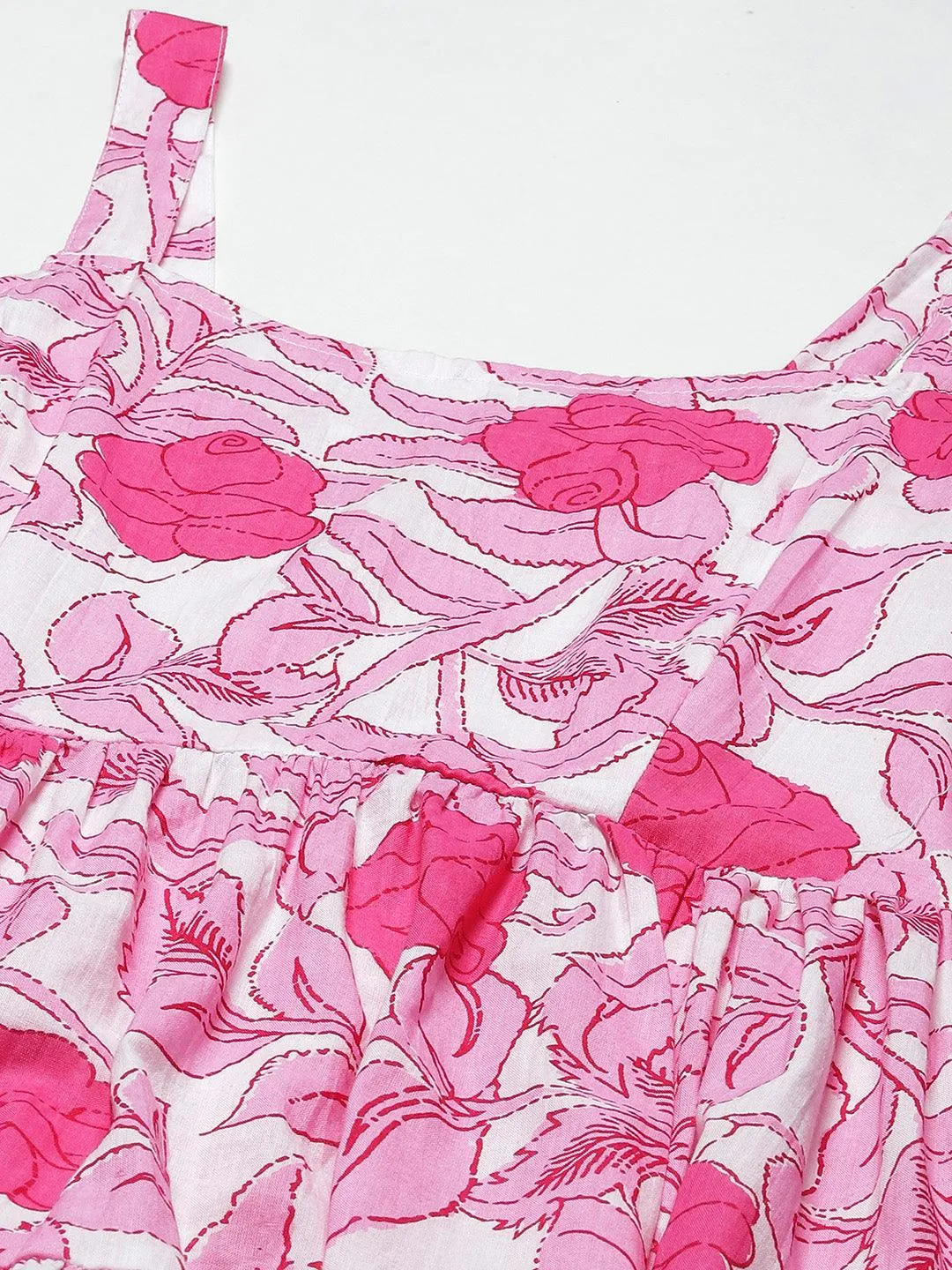 Divena white & Pink Floral Shoulder Strip Long Dress