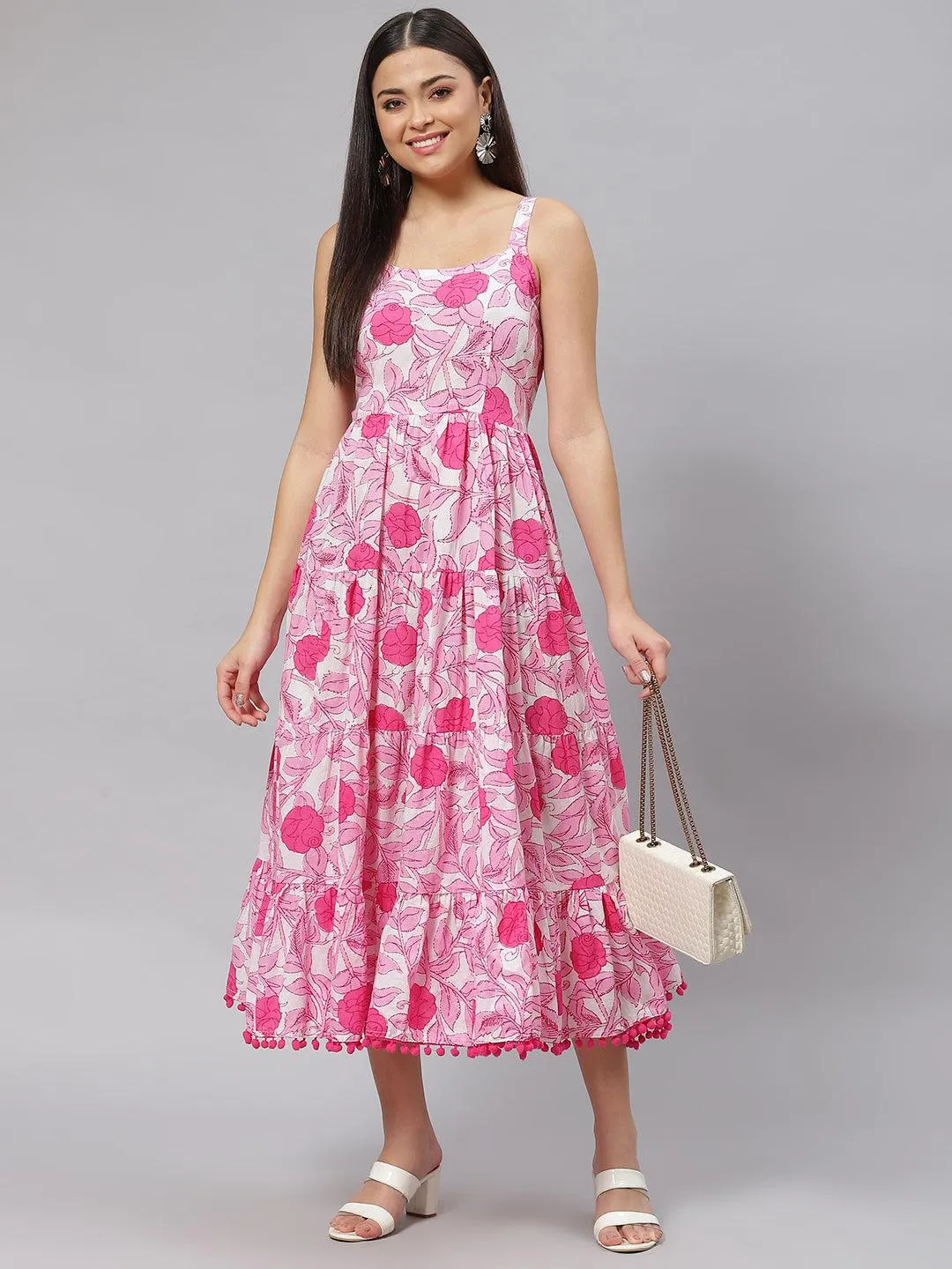 Divena white & Pink Floral Shoulder Strip Long Dress