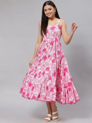 Divena white & Pink Floral Shoulder Strip Long Dress