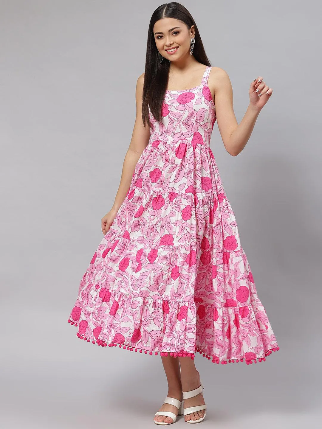 Divena white & Pink Floral Shoulder Strip Long Dress