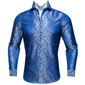 Elegant Blue Paisley Silk Dress Shirt