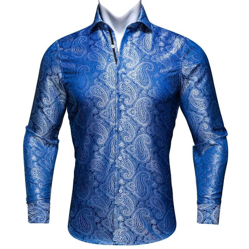 Elegant Blue Paisley Silk Dress Shirt