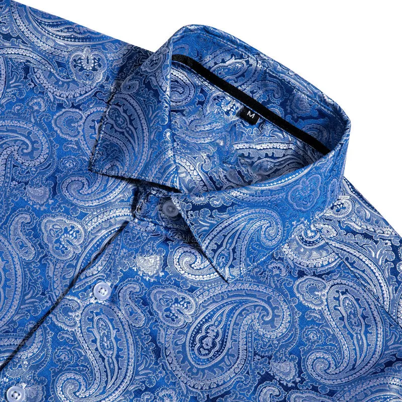 Elegant Blue Paisley Silk Dress Shirt