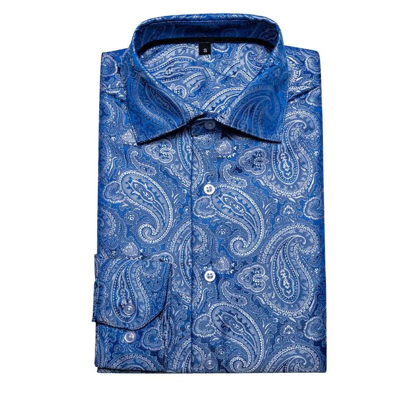 Elegant Blue Paisley Silk Dress Shirt