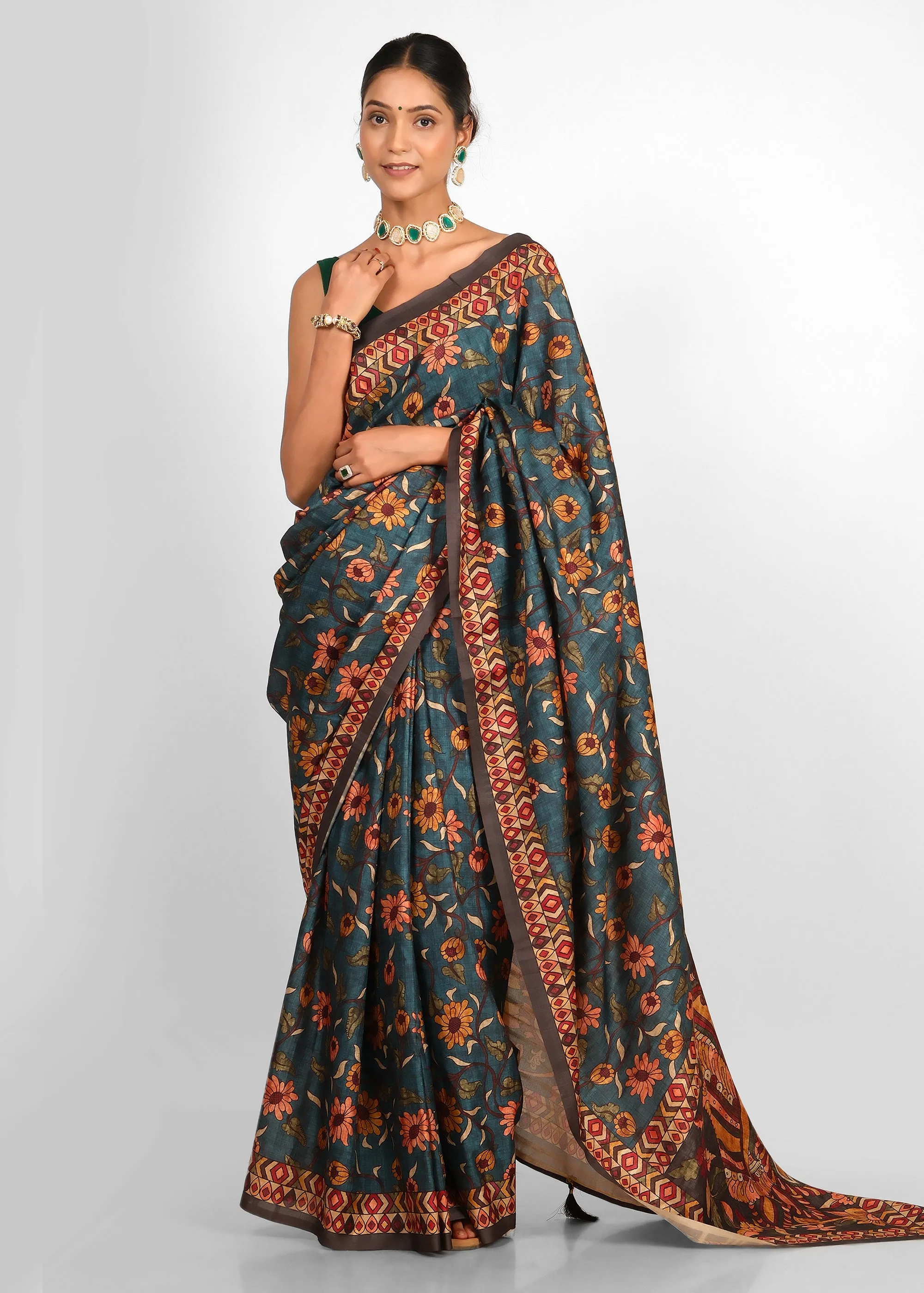 Exquisite Floral Motif Silk Saree with Peacock Design
