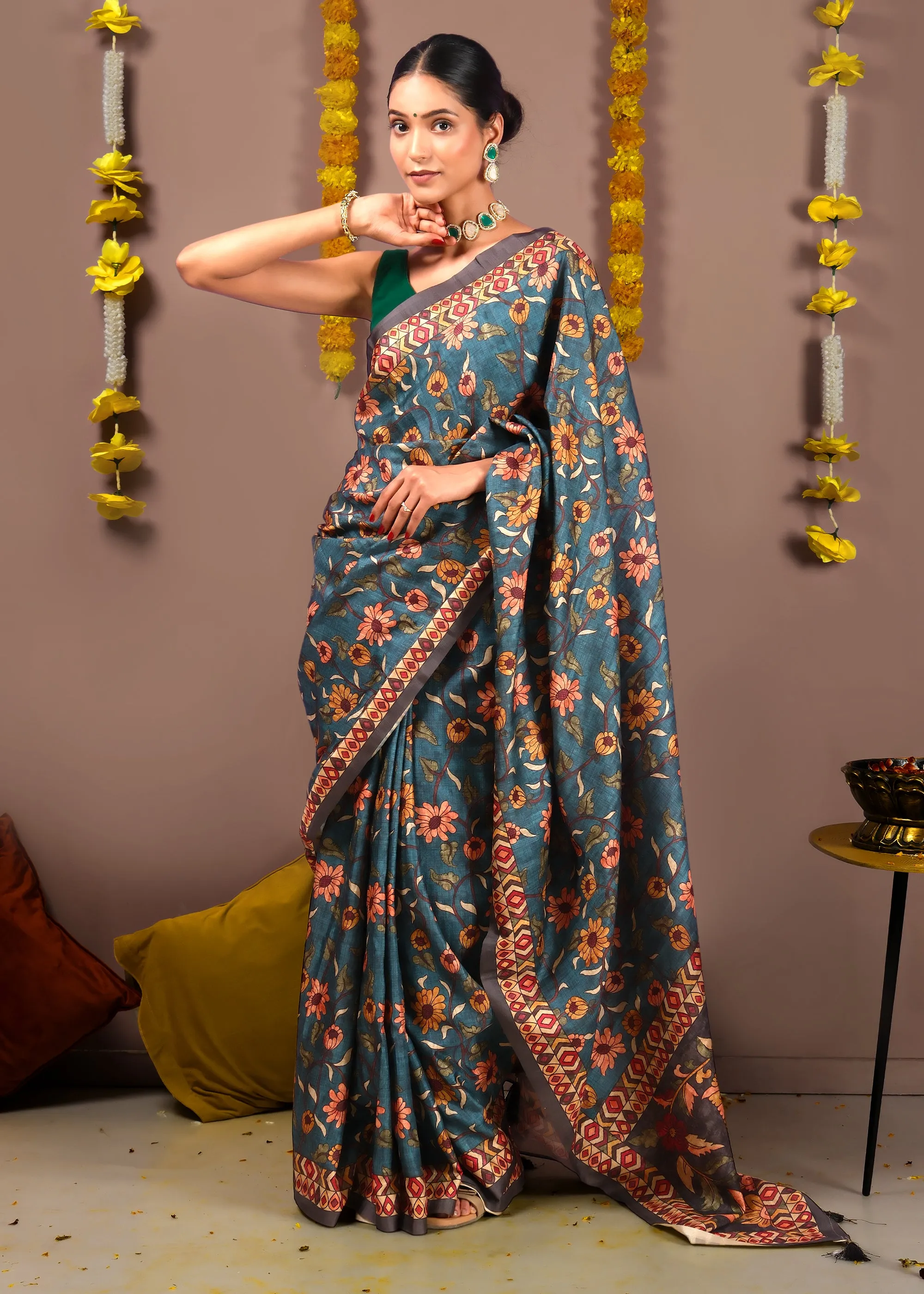 Exquisite Floral Motif Silk Saree with Peacock Design