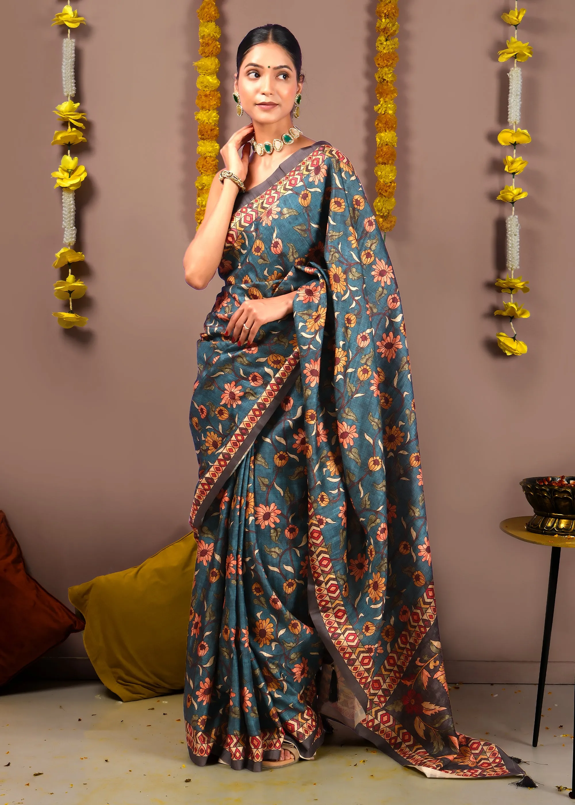 Exquisite Floral Motif Silk Saree with Peacock Design