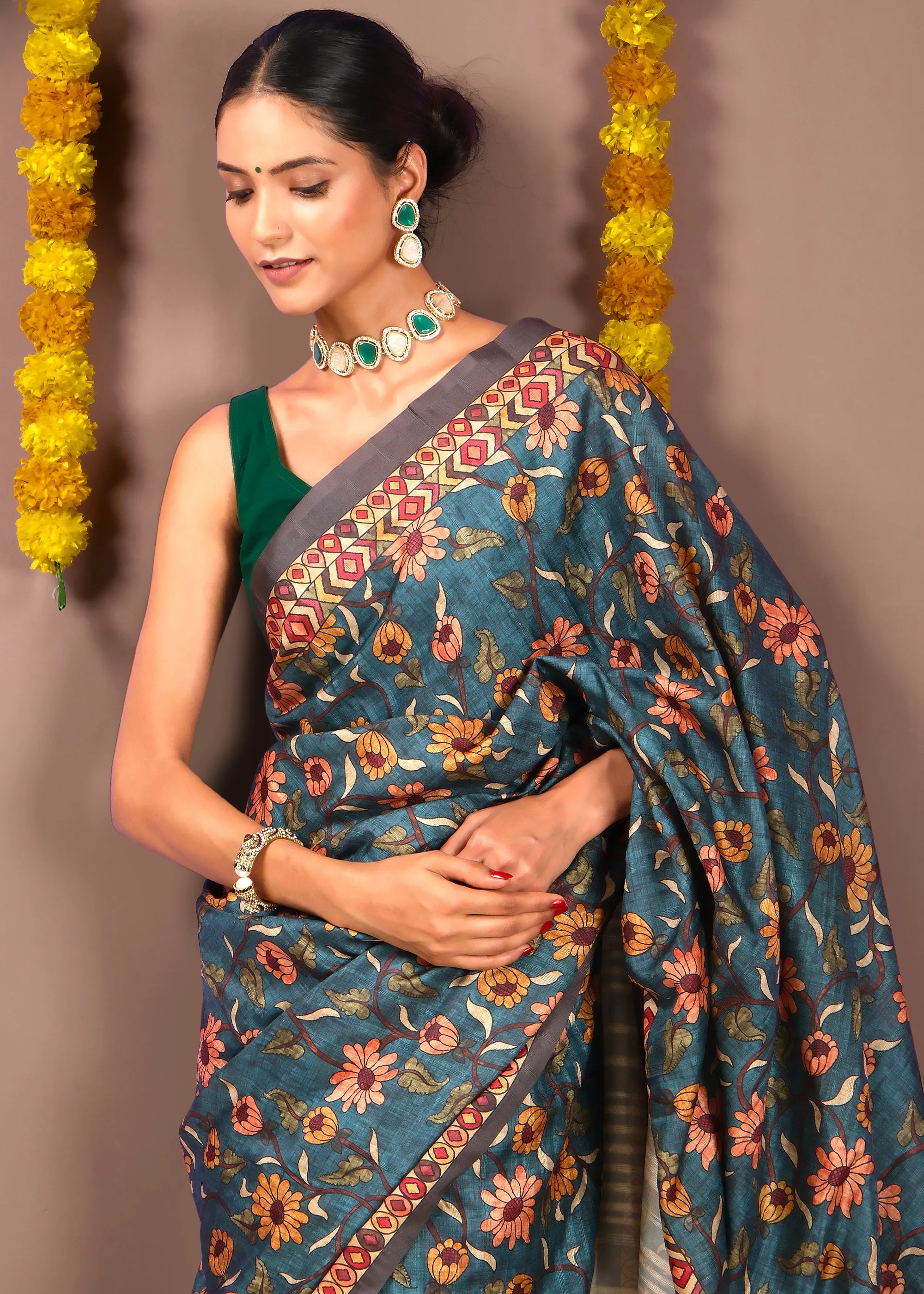 Exquisite Floral Motif Silk Saree with Peacock Design