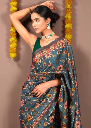 Exquisite Floral Motif Silk Saree with Peacock Design
