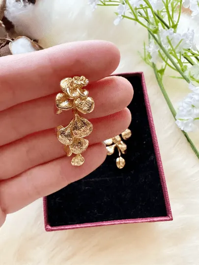 Floral - Fallen leaf Flower Gold statement earrings | dangly drop earrings | floral geometric earrings | Korean earrings