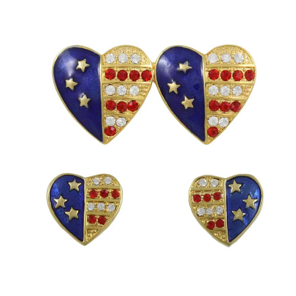 Gold Double Patriotic Heart Brooch Pin and Earring Boxed Set - PRF354BSC