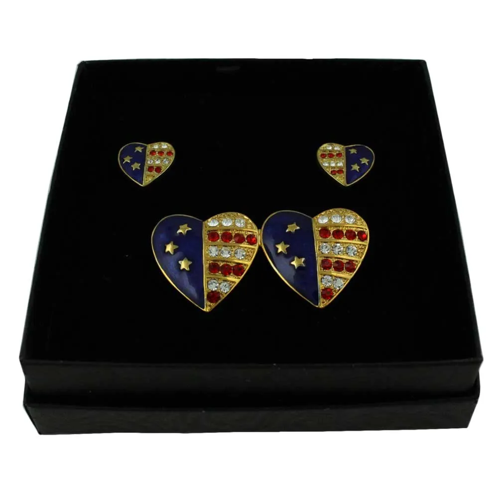 Gold Double Patriotic Heart Brooch Pin and Earring Boxed Set - PRF354BSC