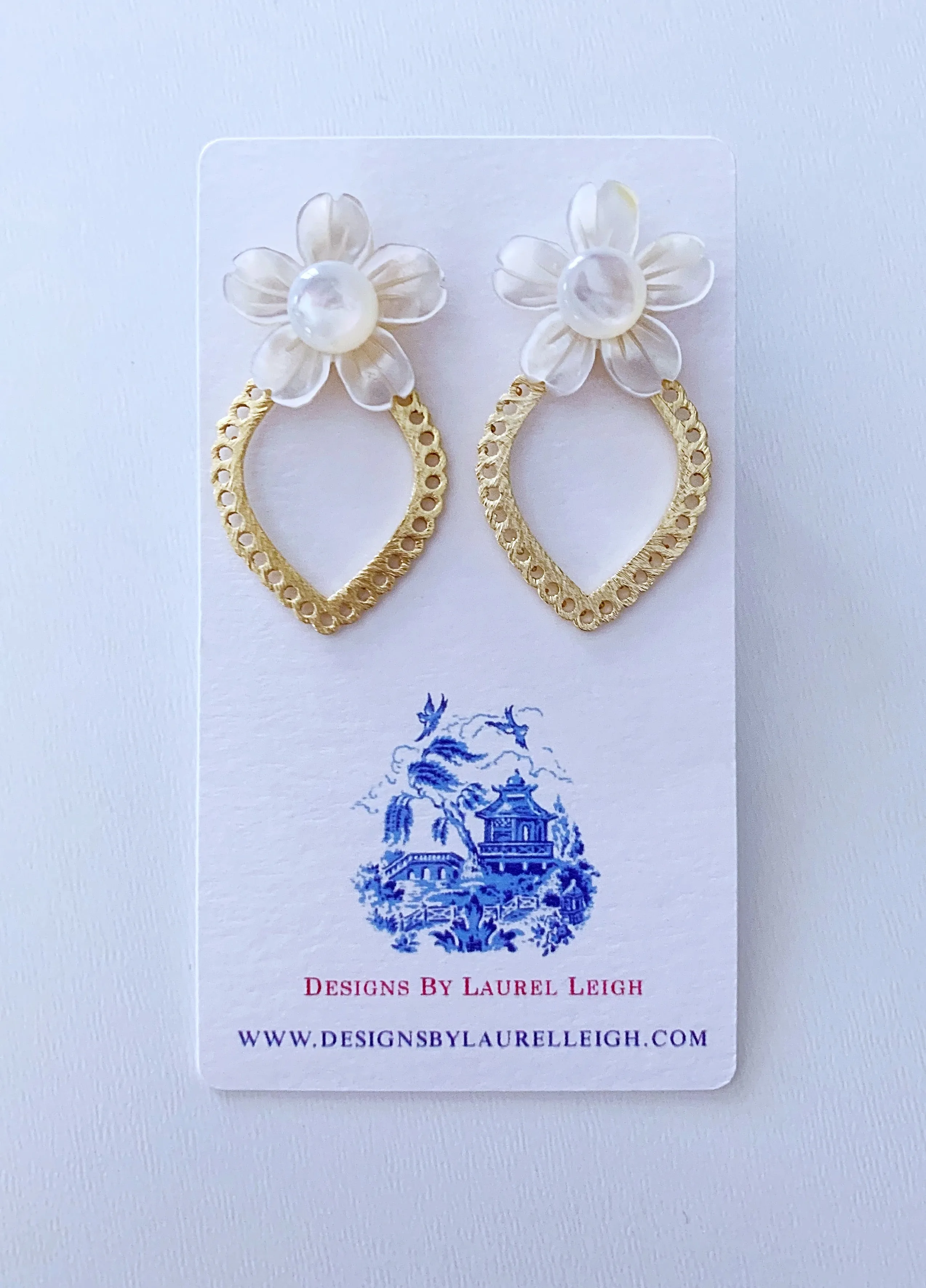 Gold Scalloped Pearl Dogwood Earrings