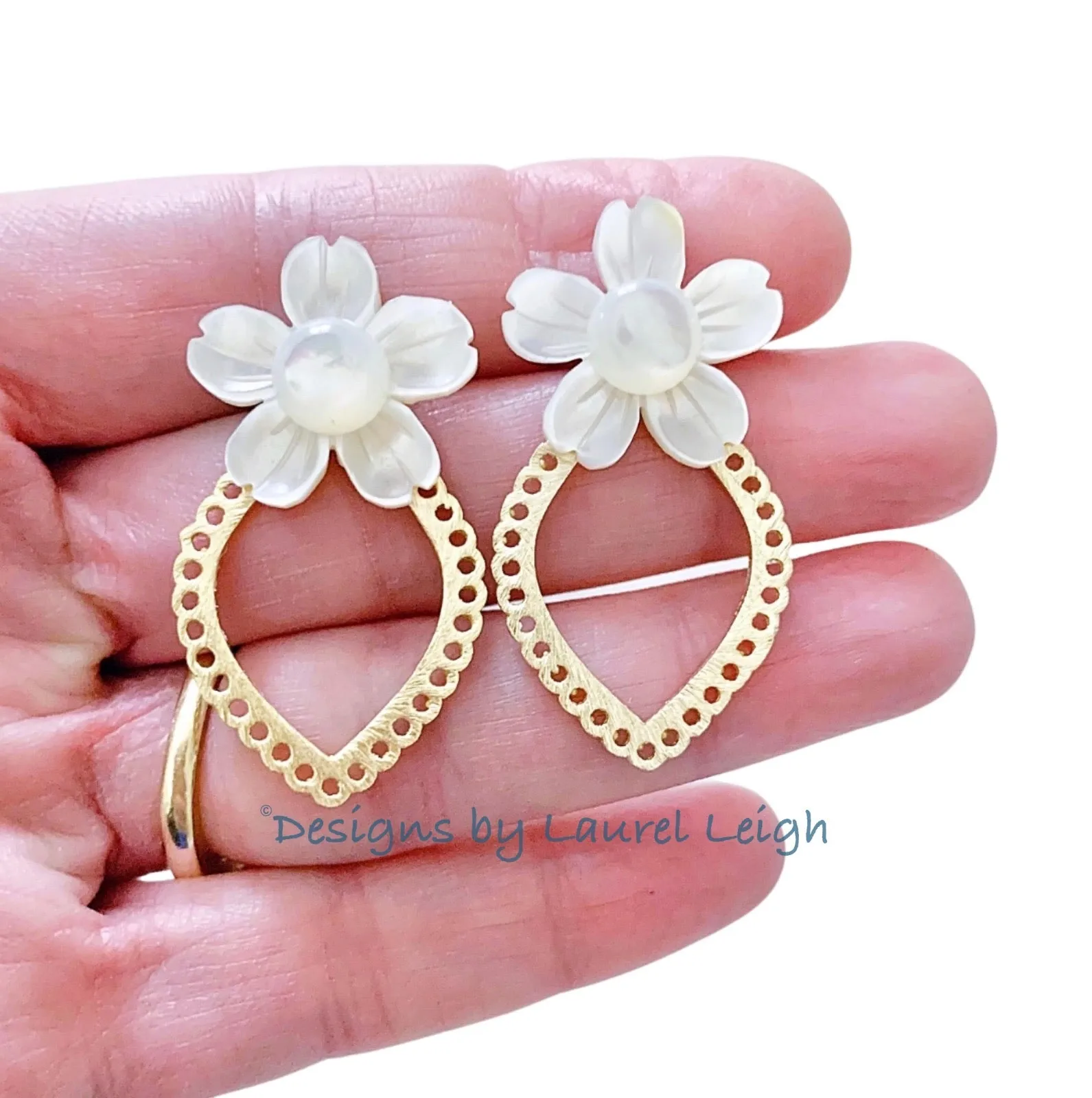 Gold Scalloped Pearl Dogwood Earrings