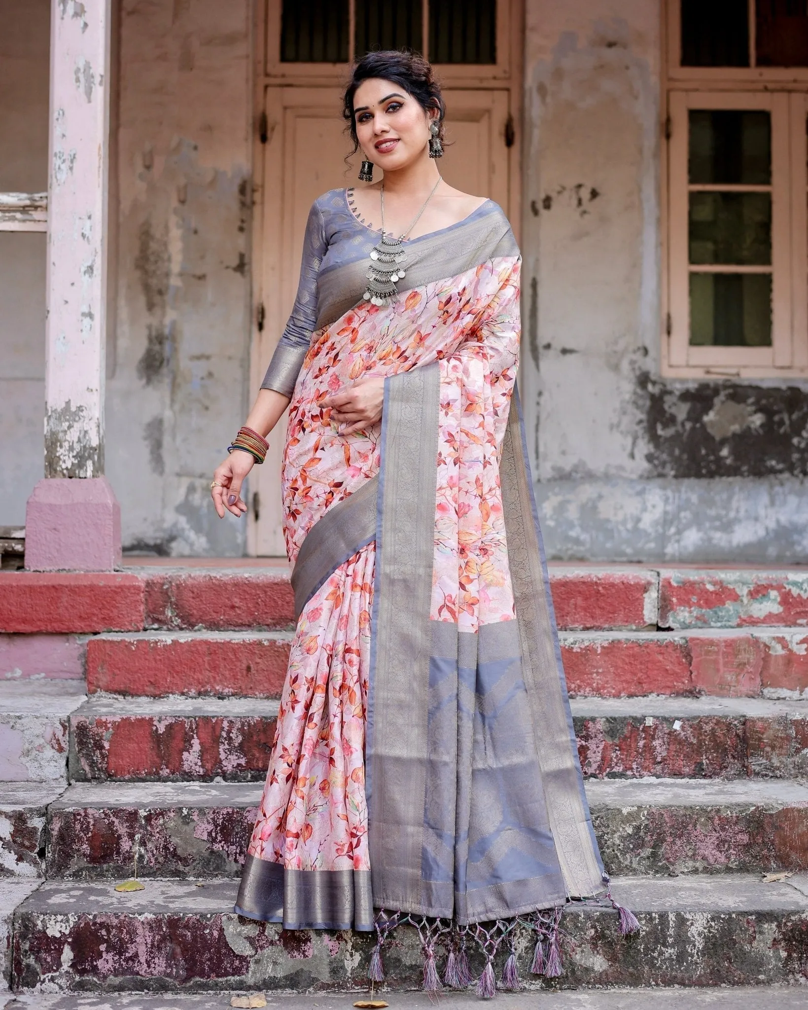 Graceful Grey Banarasi Silk Saree with Floral Elegance and Zari Accents