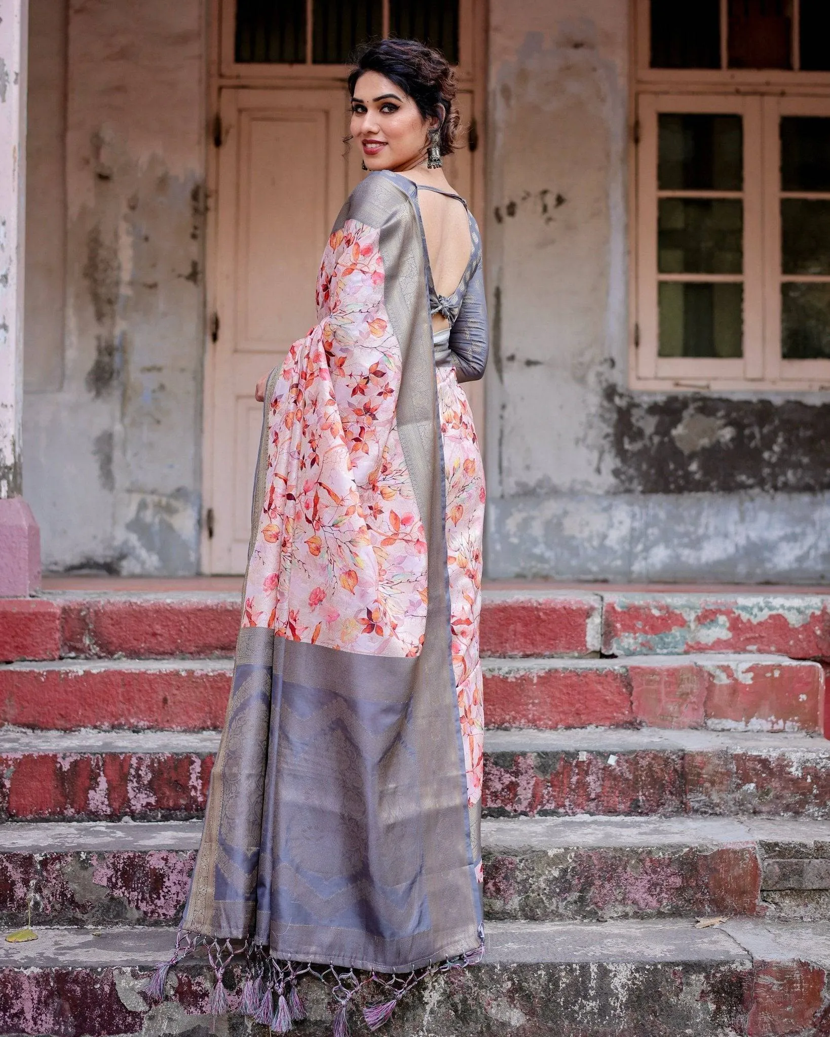 Graceful Grey Banarasi Silk Saree with Floral Elegance and Zari Accents