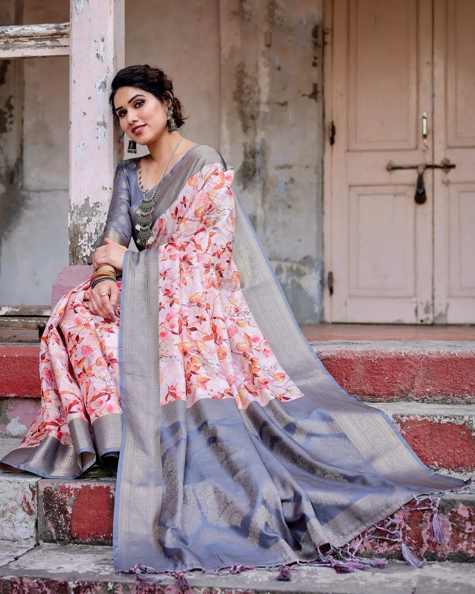 Graceful Grey Banarasi Silk Saree with Floral Elegance and Zari Accents