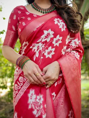 Graceful Red Banarasi Silk Saree with White Floral Design and Zari Border