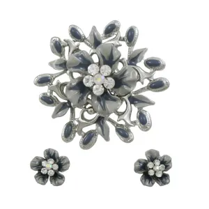 Gray Enamel and Crystal Floral Spray Pin and Earring Set - PRL913BS