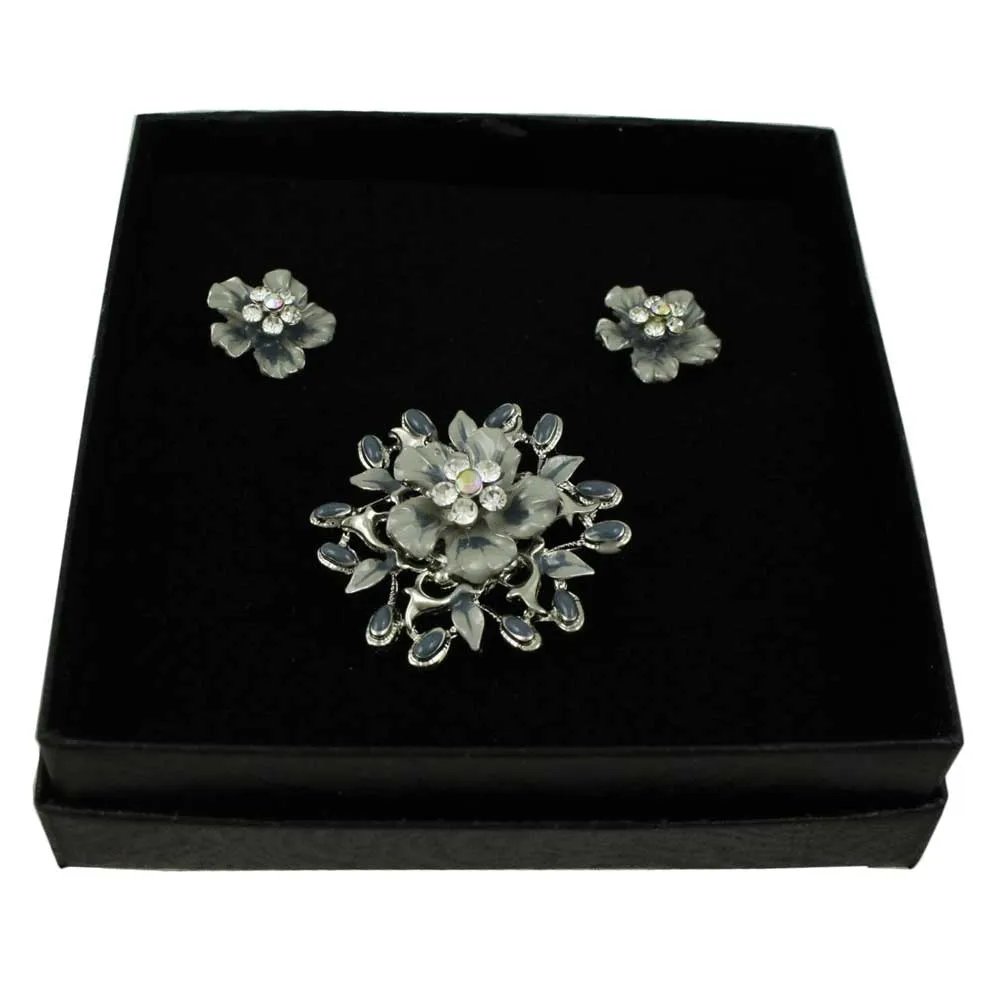 Gray Enamel and Crystal Floral Spray Pin and Earring Set - PRL913BS