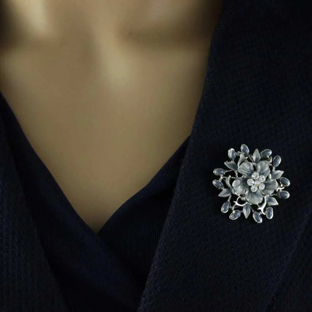 Gray Enamel and Crystal Floral Spray Pin and Earring Set - PRL913BS