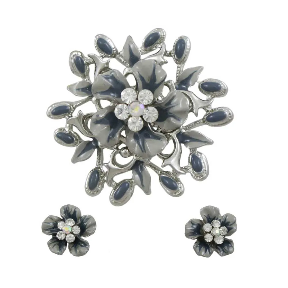 Gray Enamel and Crystal Floral Spray Pin and Earring Set - PRL913BS