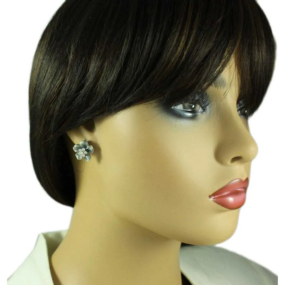 Gray Enamel and Crystal Floral Spray Pin and Earring Set - PRL913BS