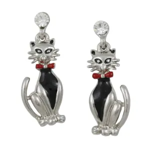 Gray Enamel Tuxedo Cat Dangling Pierced Earring - REE943