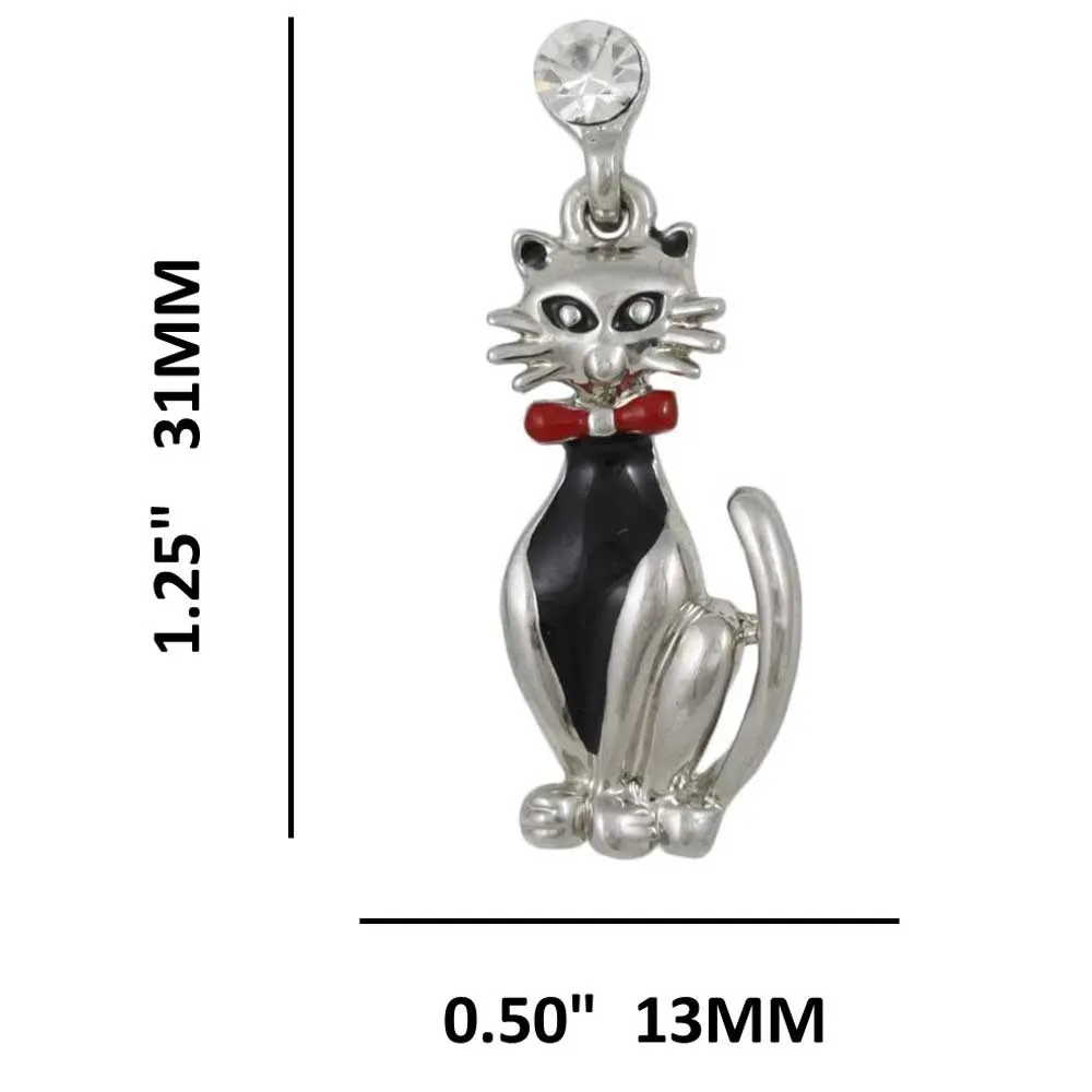 Gray Enamel Tuxedo Cat Dangling Pierced Earring - REE943