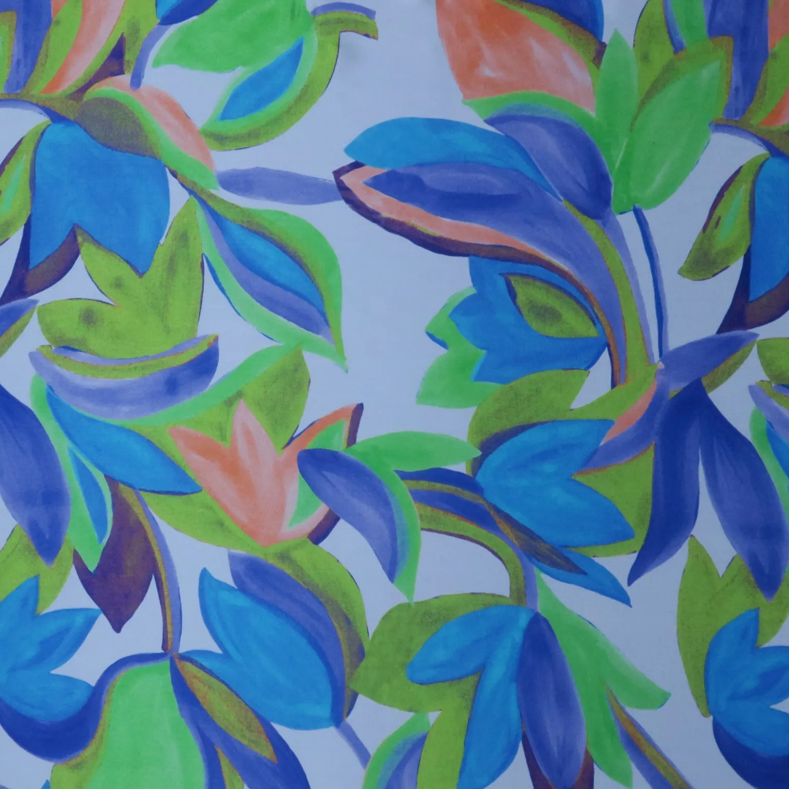 Green and Blue Florals on Ivory Painted Like Floral Printed Silk Charmeuse Fabric