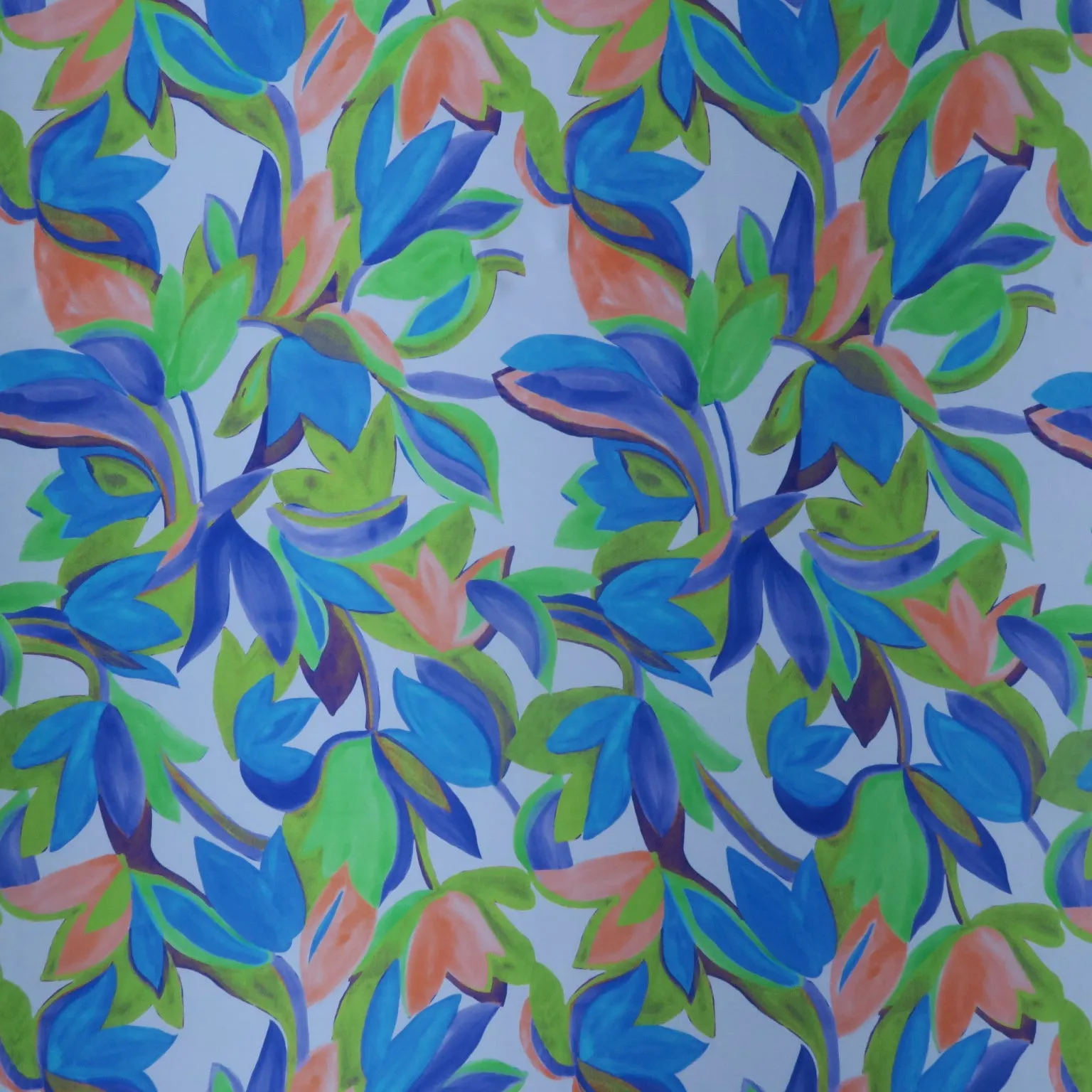 Green and Blue Florals on Ivory Painted Like Floral Printed Silk Charmeuse Fabric