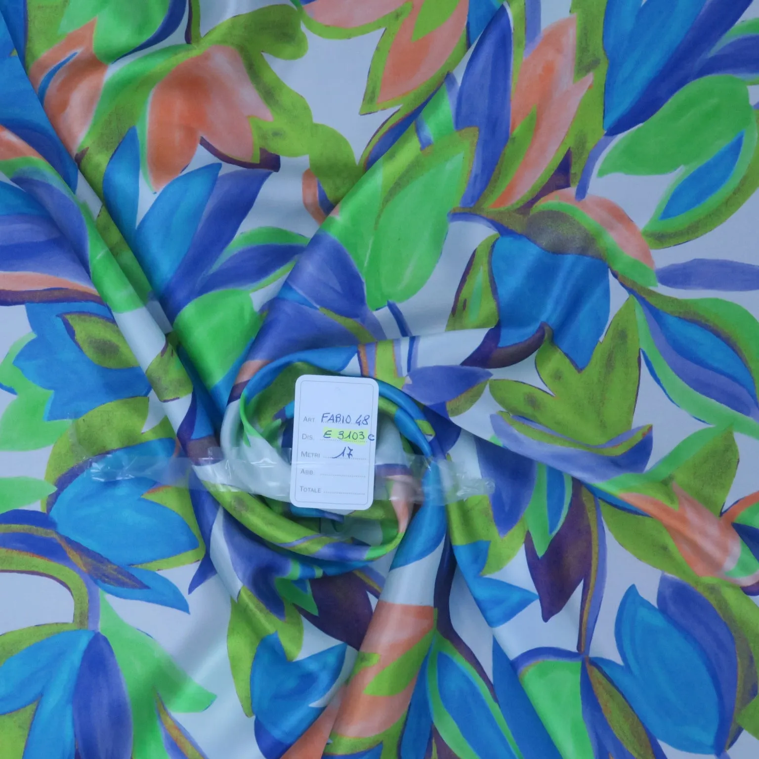 Green and Blue Florals on Ivory Painted Like Floral Printed Silk Charmeuse Fabric