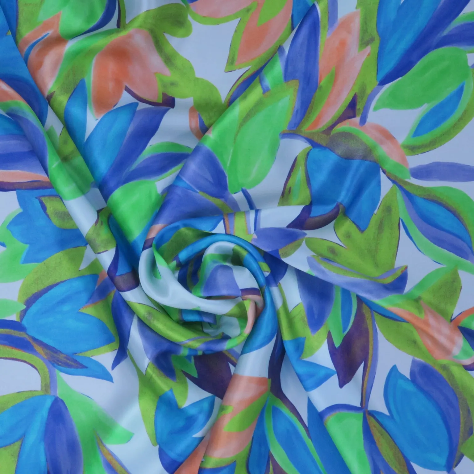 Green and Blue Florals on Ivory Painted Like Floral Printed Silk Charmeuse Fabric
