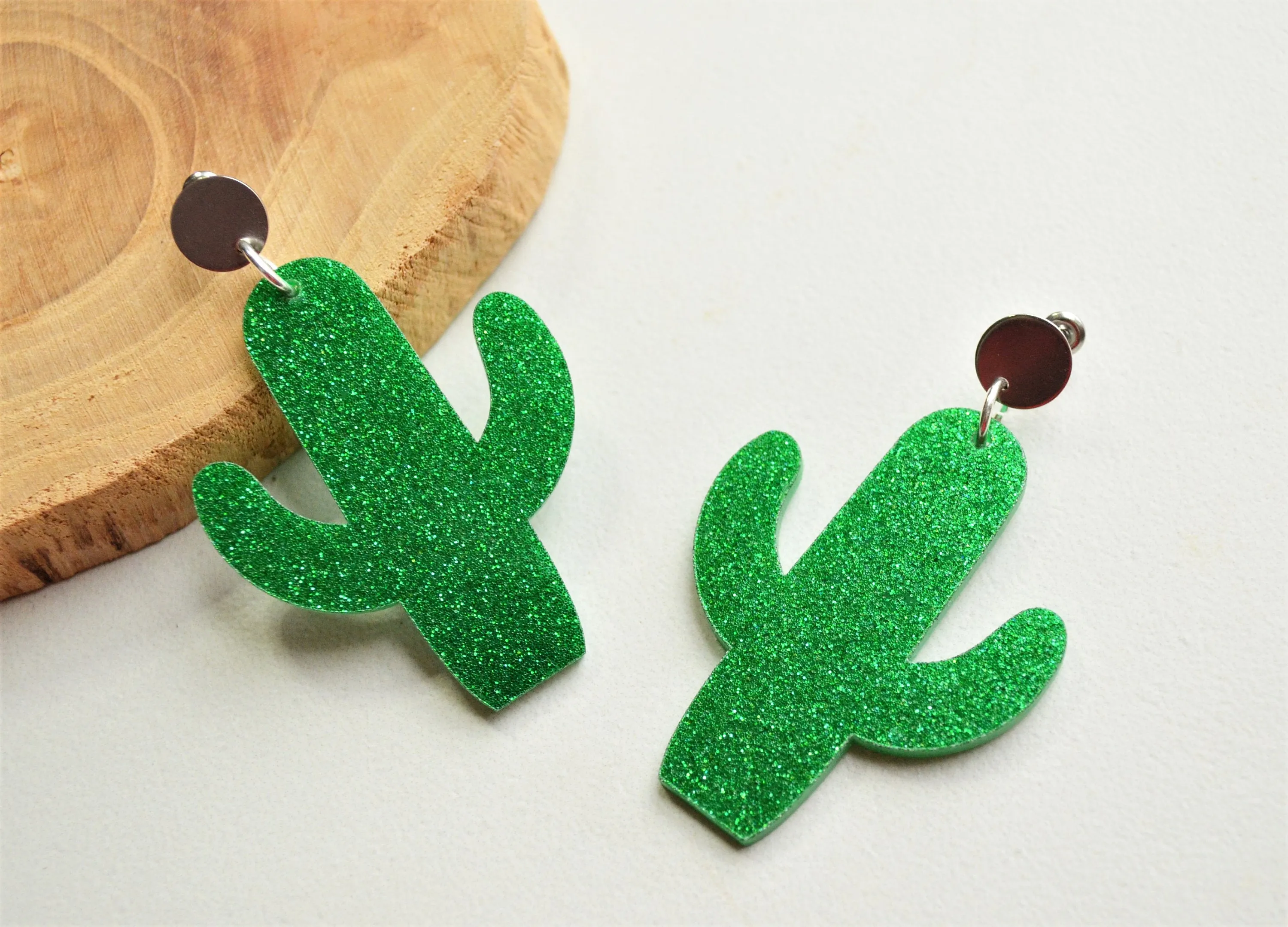 Green Cactus Lucite Acrylic Big Glitter Dangle Statement Earrings