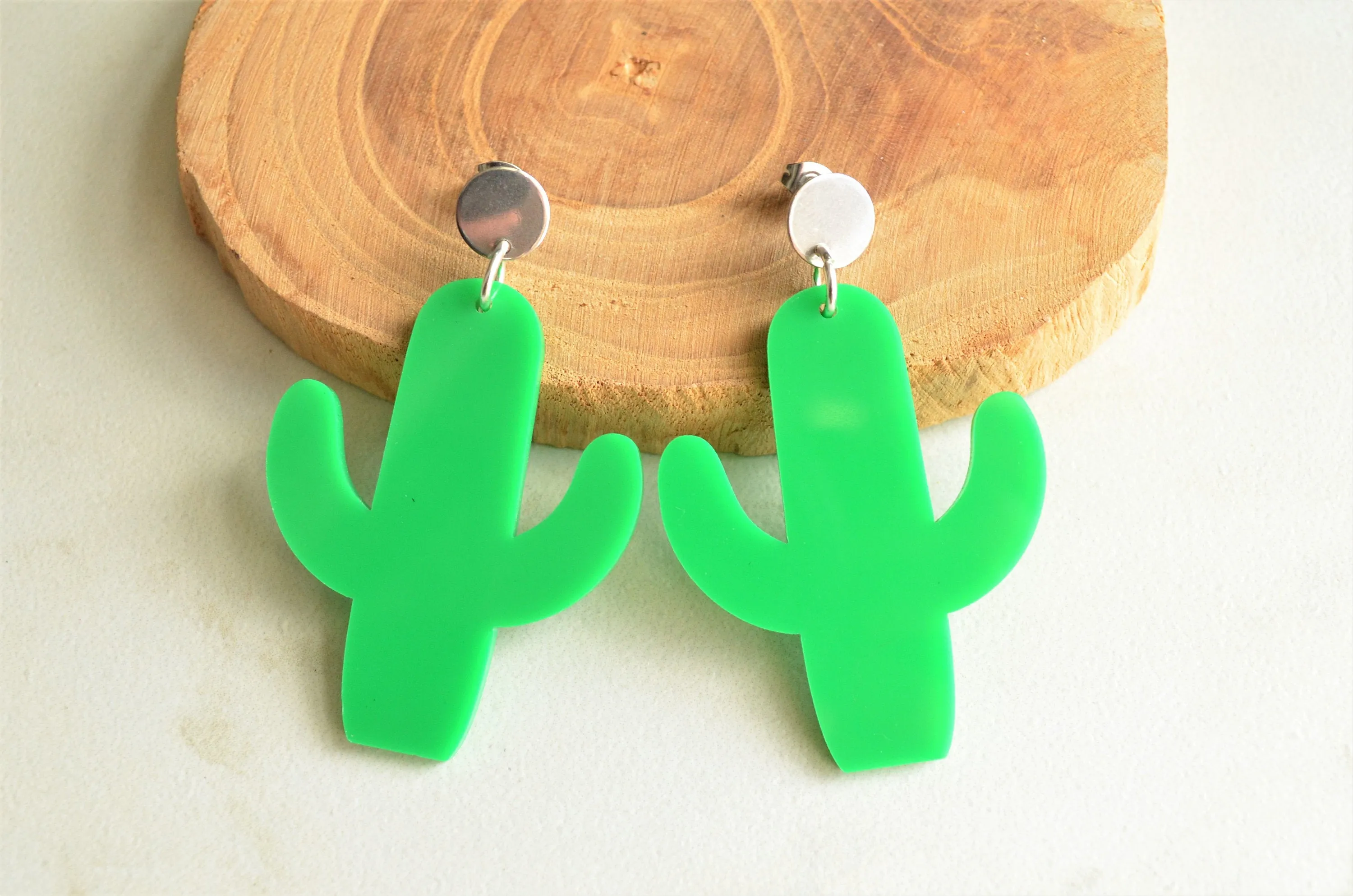 Green Cactus Lucite Acrylic Big Glitter Dangle Statement Earrings