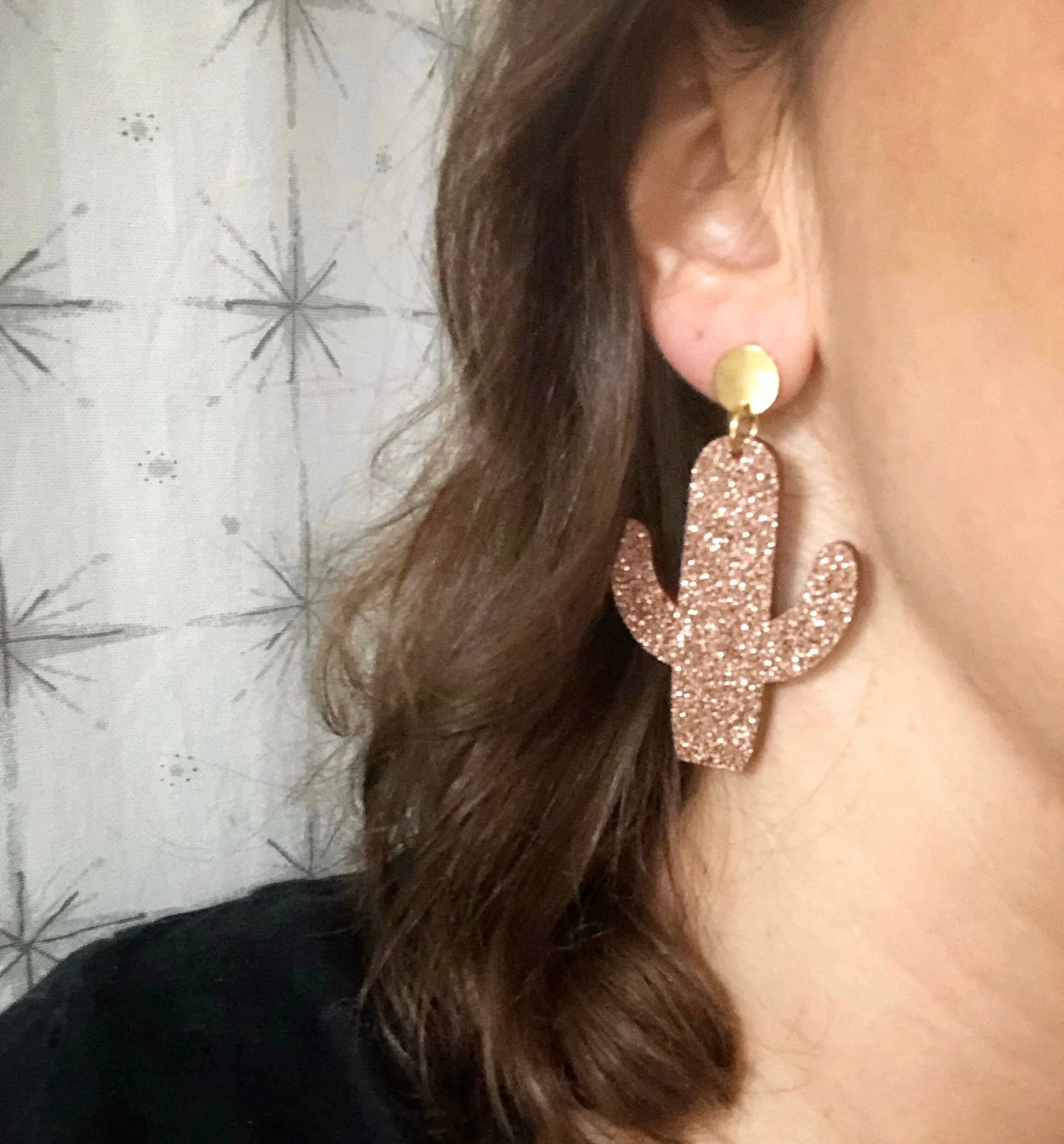 Green Cactus Lucite Acrylic Big Glitter Dangle Statement Earrings