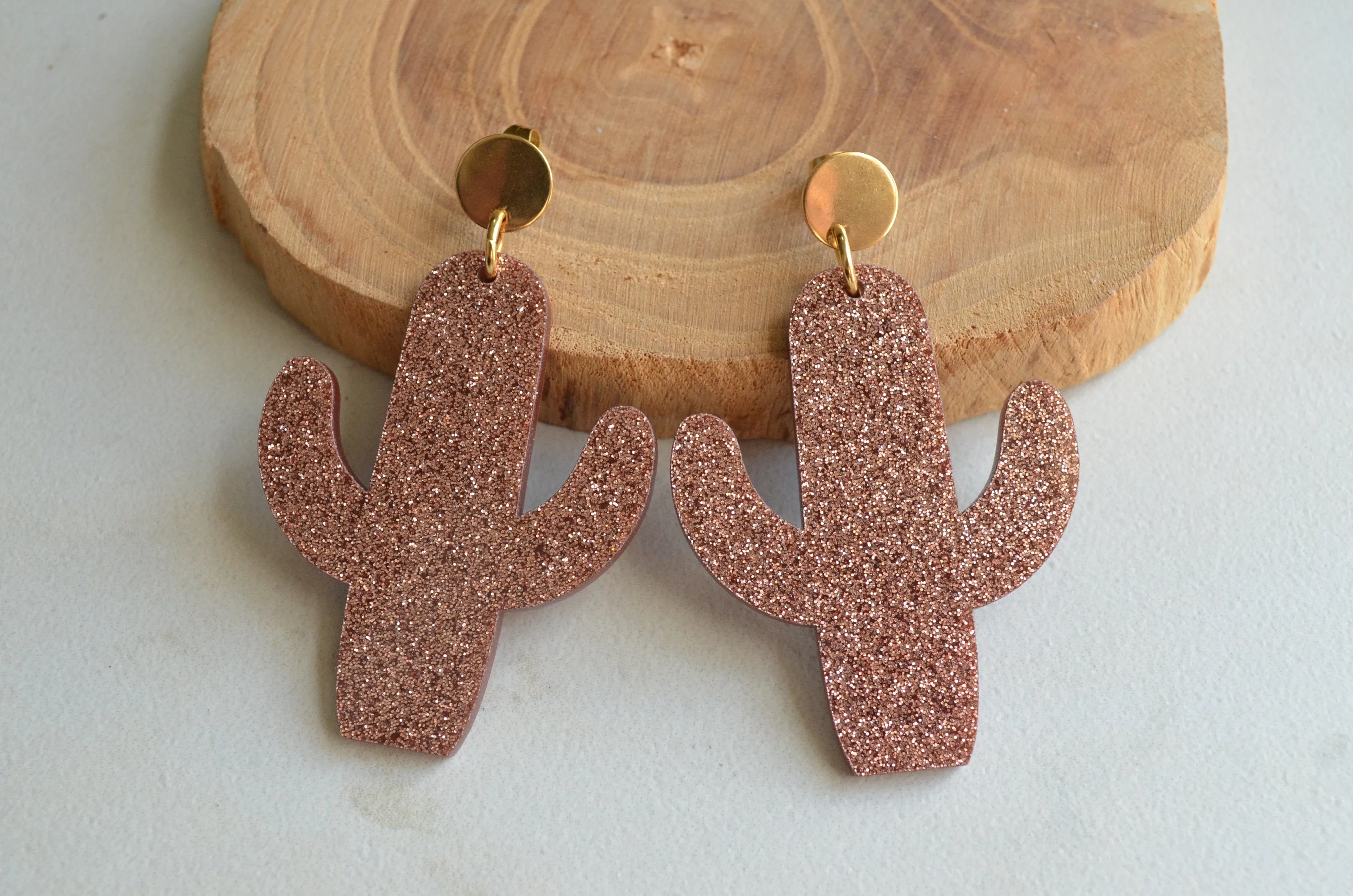 Green Cactus Lucite Acrylic Big Glitter Dangle Statement Earrings