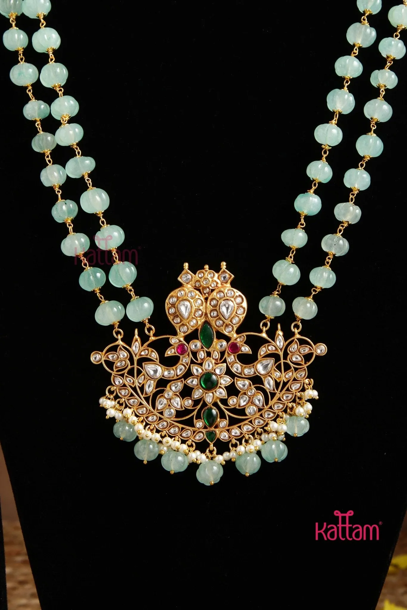 Green Jade Semi Precious Beads Kundan Dollar Haram (No Earrings)