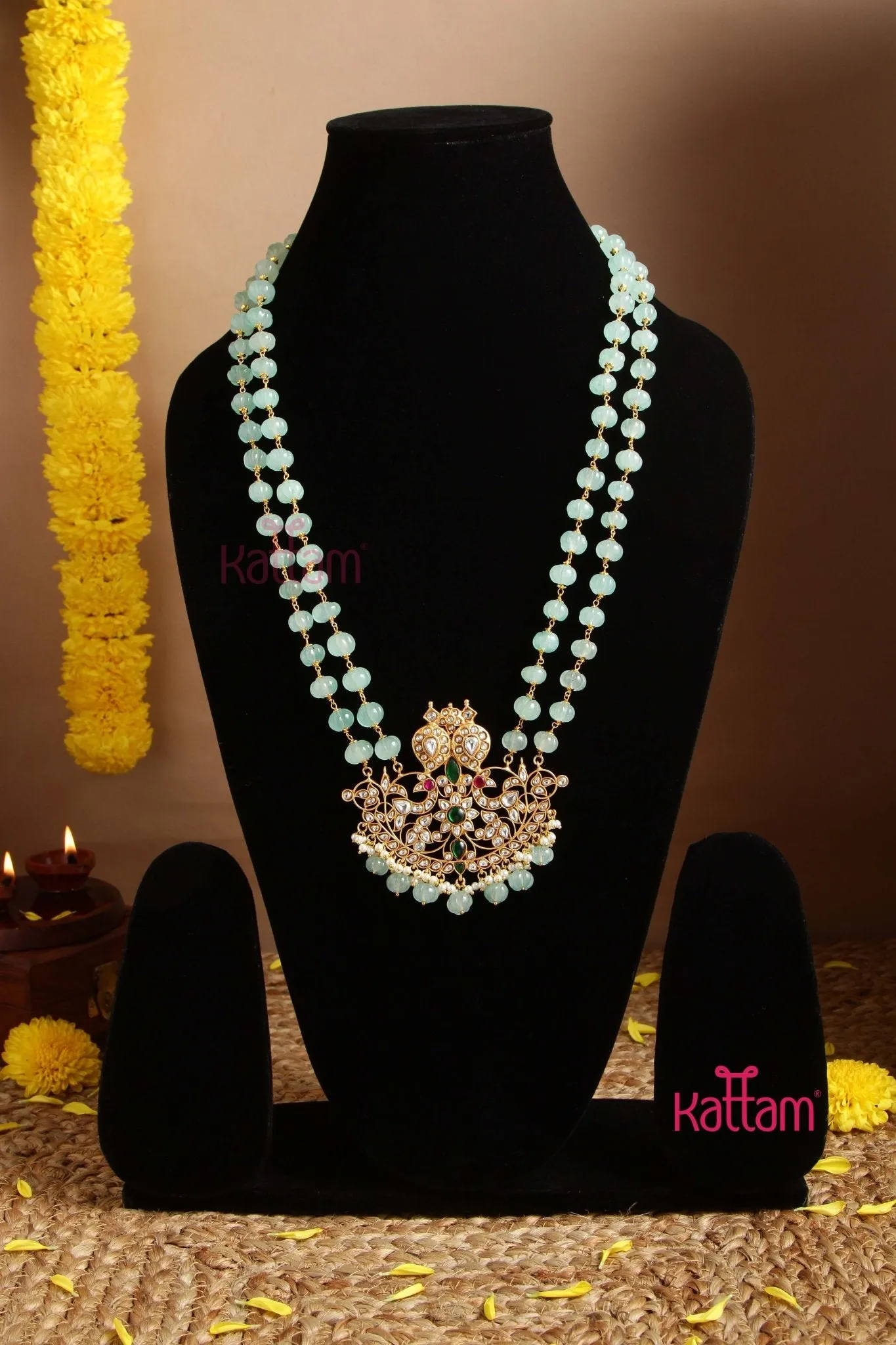 Green Jade Semi Precious Beads Kundan Dollar Haram (No Earrings)