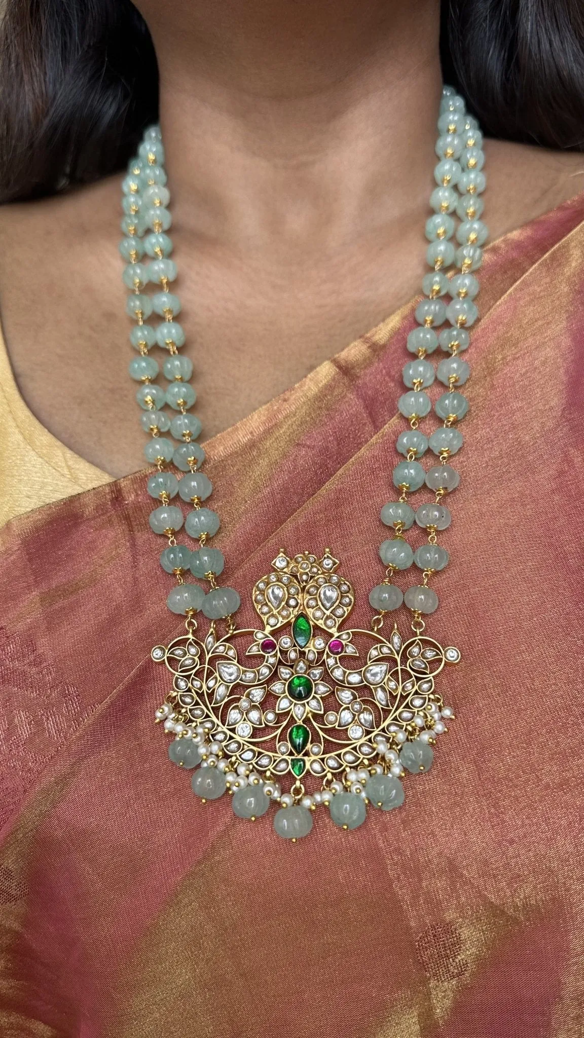 Green Jade Semi Precious Beads Kundan Dollar Haram (No Earrings)