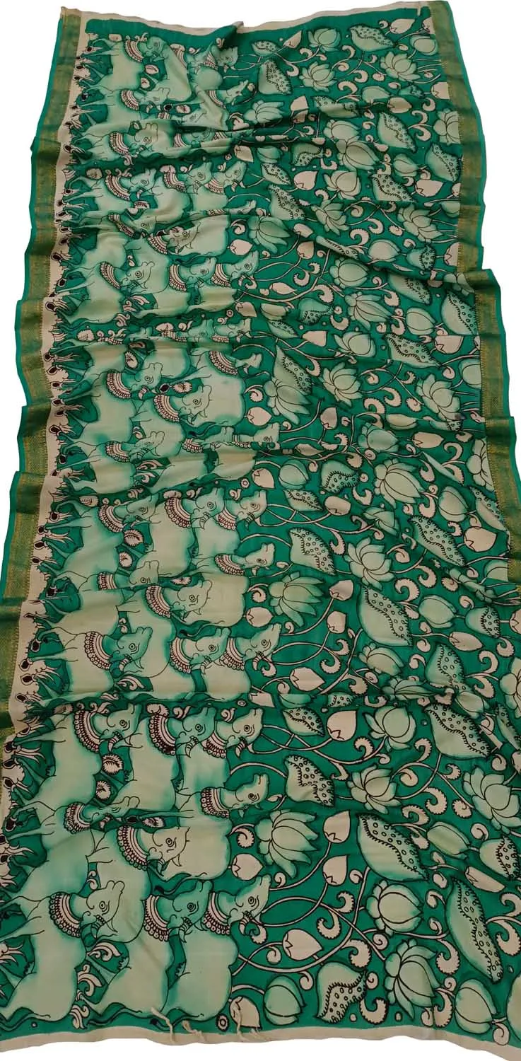 Green Kalamkari Hand Painted Mangalagiri Silk Dupatta