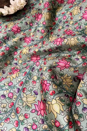 Green Kalamkari Tussar Silk Fabric - Digital Print (1 Mtr)