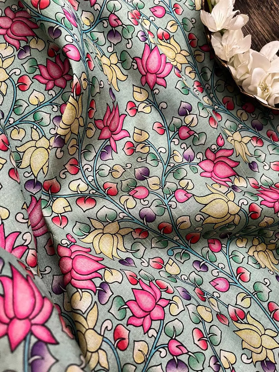 Green Kalamkari Tussar Silk Fabric - Digital Print (1 Mtr)